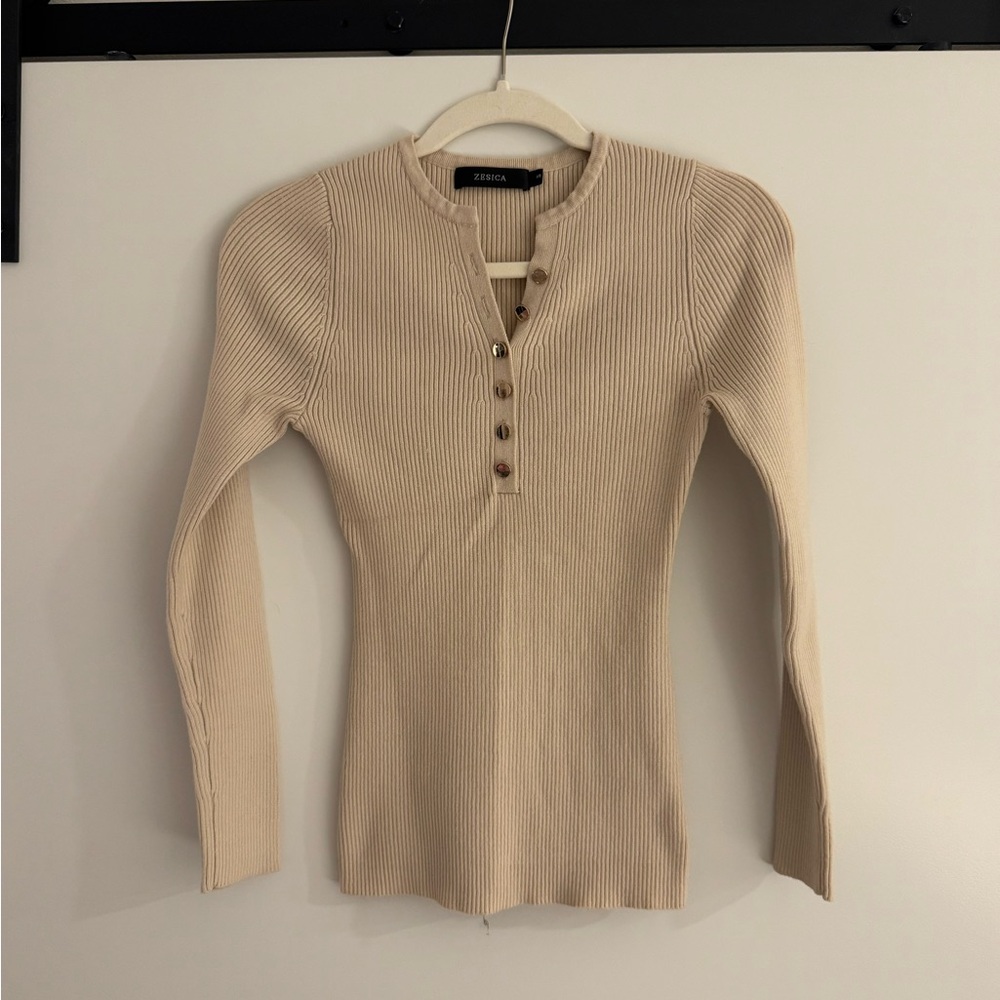 Beige Ribbed Long Sleeve Henley Top